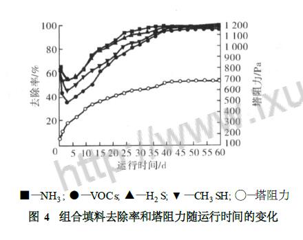 组合填料去除率和塔阻力随运行时间的变化 组合填料去除率和塔阻力随运行时间的变化